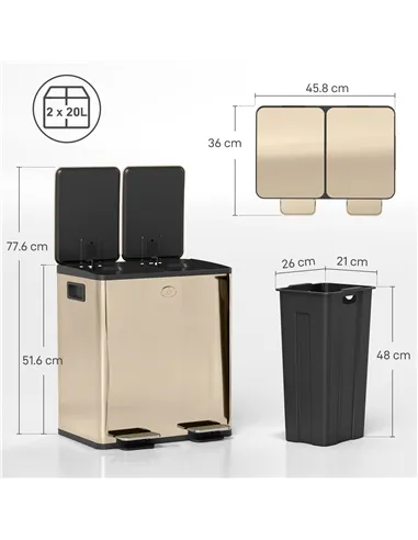 HOMCOM 40L Dual Compartment Stainless Steel Bin, with Deodoriser Holders - Gold Tone