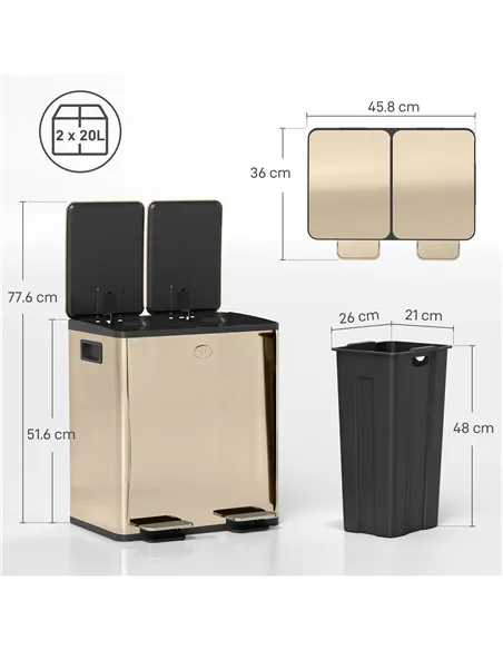 HOMCOM 40L Dual Compartment Stainless Steel Bin, with Deodoriser Holders - Gold Tone