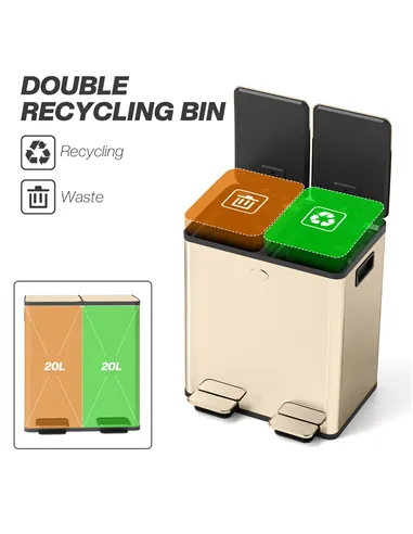 HOMCOM 40L Dual Compartment Stainless Steel Bin, with Deodoriser Holders - Gold Tone