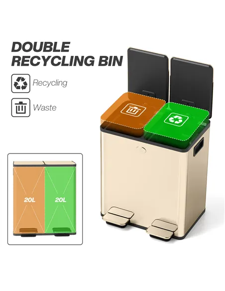 HOMCOM 40L Dual Compartment Stainless Steel Bin, with Deodoriser Holders - Gold Tone