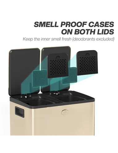 HOMCOM 40L Dual Compartment Stainless Steel Bin, with Deodoriser Holders - Gold Tone