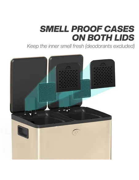 HOMCOM 40L Dual Compartment Stainless Steel Bin, with Deodoriser Holders - Gold Tone