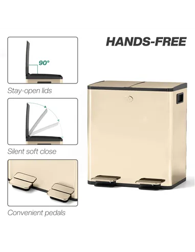 HOMCOM 40L Dual Compartment Stainless Steel Bin, with Deodoriser Holders - Gold Tone