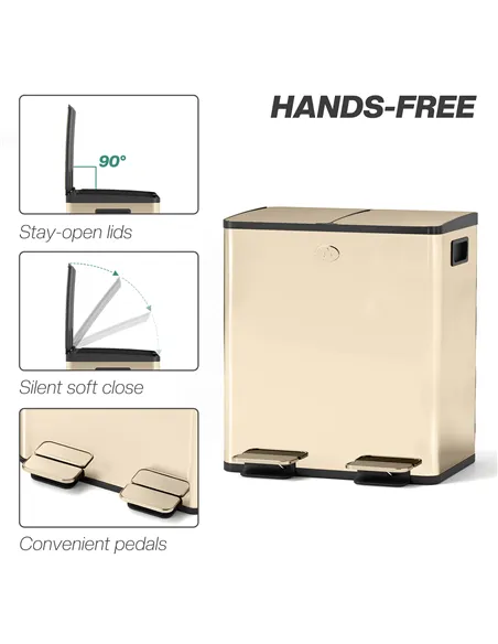 HOMCOM 40L Dual Compartment Stainless Steel Bin, with Deodoriser Holders - Gold Tone