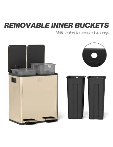 HOMCOM 40L Dual Compartment Stainless Steel Bin, with Deodoriser Holders - Gold Tone