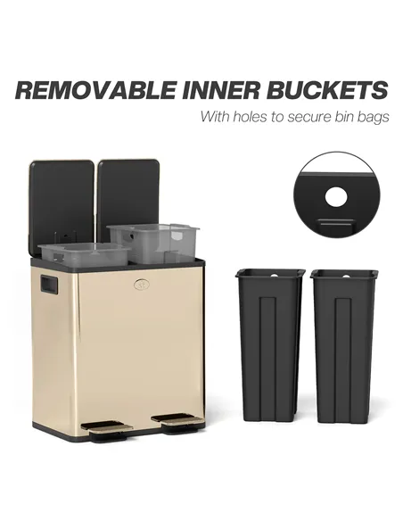 HOMCOM 40L Dual Compartment Stainless Steel Bin, with Deodoriser Holders - Gold Tone