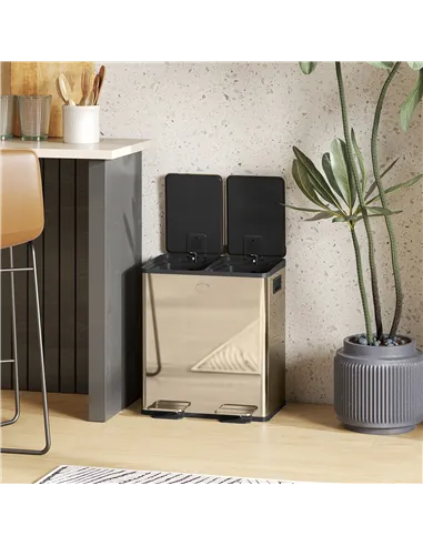 HOMCOM 40L Dual Compartment Stainless Steel Bin, with Deodoriser Holders - Gold Tone