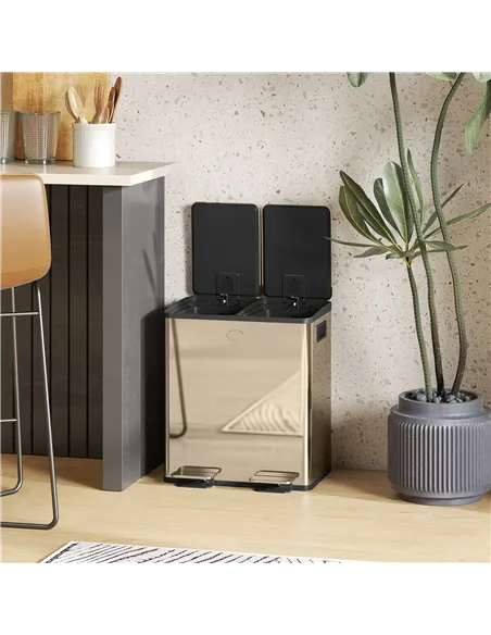 HOMCOM 40L Dual Compartment Stainless Steel Bin, with Deodoriser Holders - Gold Tone