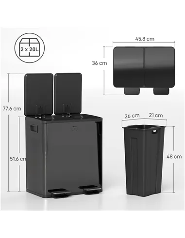 HOMCOM 40L Dual Compartment Stainless Steel Bin, with Deodoriser Holders - Glossy Black