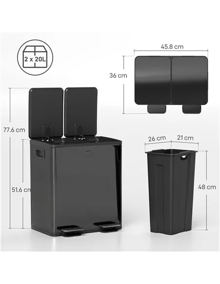 HOMCOM 40L Dual Compartment Stainless Steel Bin, with Deodoriser Holders - Glossy Black