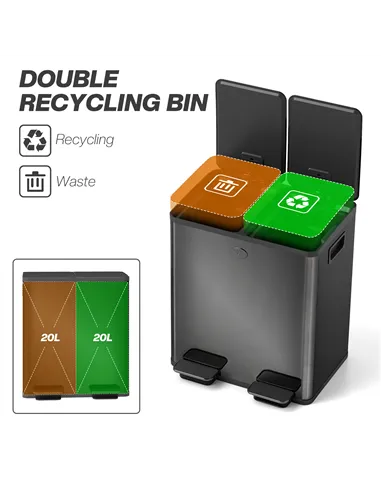 HOMCOM 40L Dual Compartment Stainless Steel Bin, with Deodoriser Holders - Glossy Black