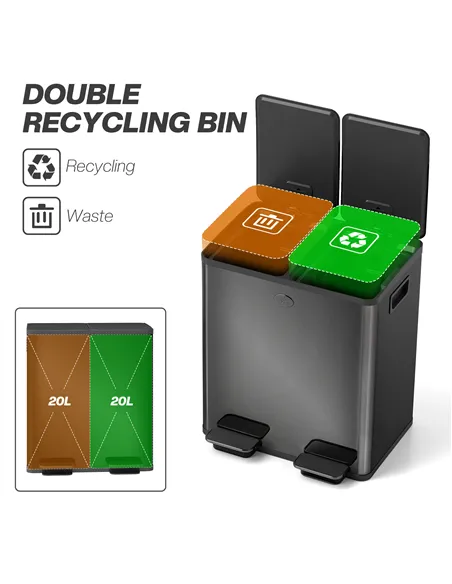 HOMCOM 40L Dual Compartment Stainless Steel Bin, with Deodoriser Holders - Glossy Black