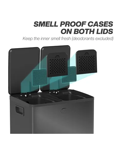 HOMCOM 40L Dual Compartment Stainless Steel Bin, with Deodoriser Holders - Glossy Black