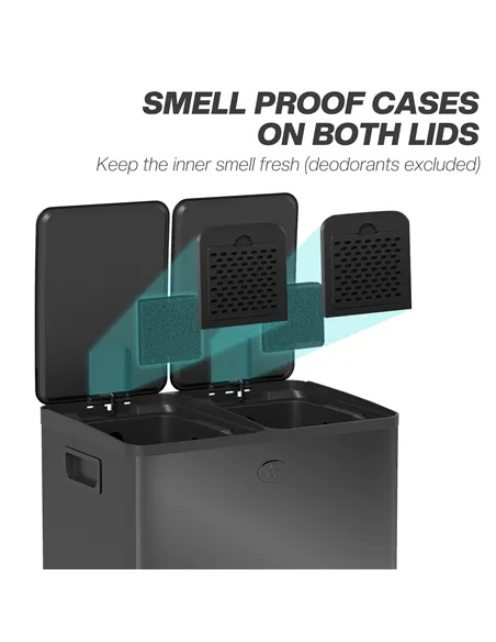 HOMCOM 40L Dual Compartment Stainless Steel Bin, with Deodoriser Holders - Glossy Black