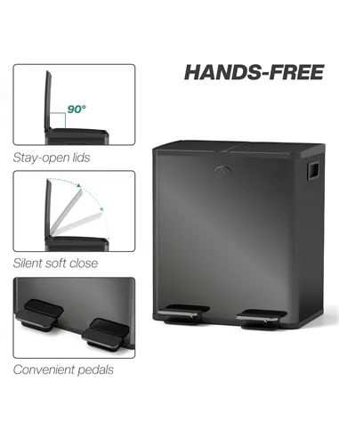 HOMCOM 40L Dual Compartment Stainless Steel Bin, with Deodoriser Holders - Glossy Black