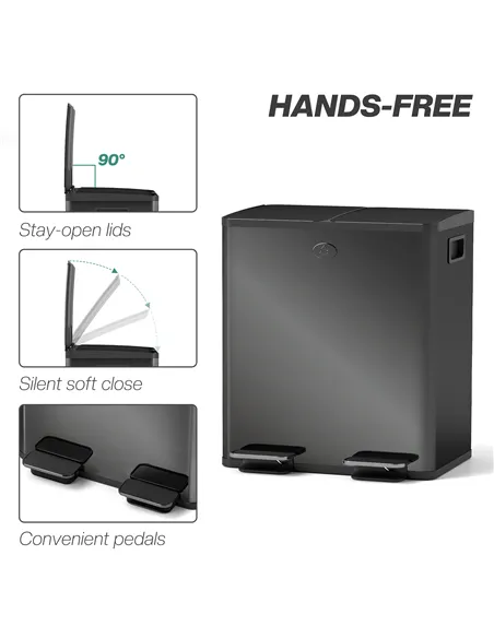 HOMCOM 40L Dual Compartment Stainless Steel Bin, with Deodoriser Holders - Glossy Black