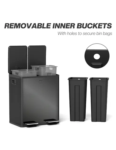 HOMCOM 40L Dual Compartment Stainless Steel Bin, with Deodoriser Holders - Glossy Black