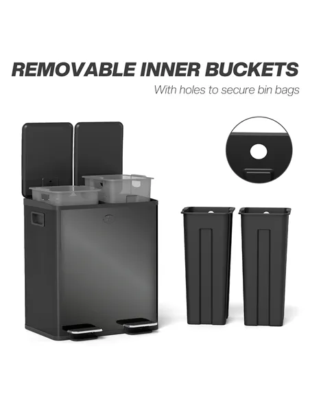 HOMCOM 40L Dual Compartment Stainless Steel Bin, with Deodoriser Holders - Glossy Black