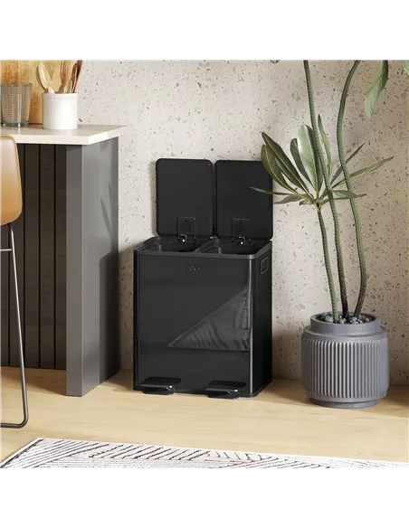 HOMCOM 40L Dual Compartment Stainless Steel Bin, with Deodoriser Holders - Glossy Black