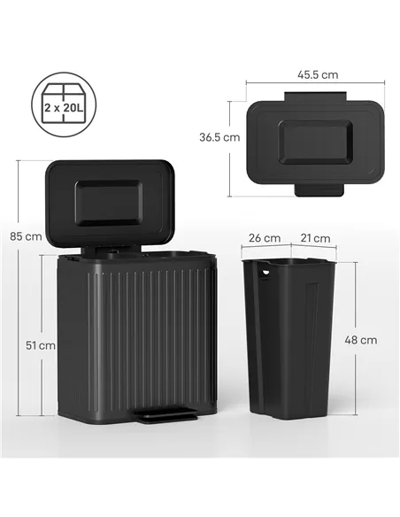 HOMCOM 40L Dual Compartment Rubbish Bin, with Soft-Close Lid - Black