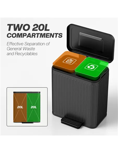 HOMCOM 40L Dual Compartment Rubbish Bin, with Soft-Close Lid - Black