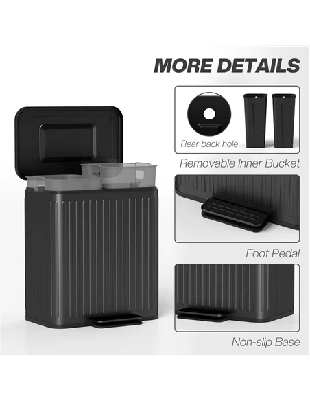 HOMCOM 40L Dual Compartment Rubbish Bin, with Soft-Close Lid - Black