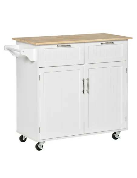 HOMCOM Kitchen Island Utility Cart, with 2 Storage Drawers & Cabinets for Dining Room, White
