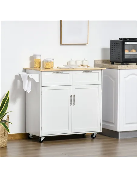 HOMCOM Kitchen Island Utility Cart, with 2 Storage Drawers & Cabinets for Dining Room, White