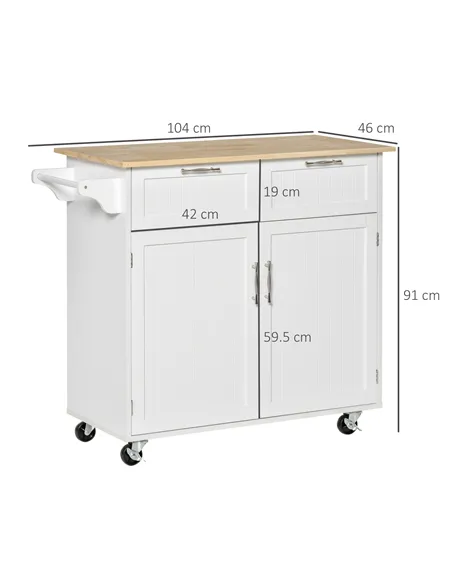 HOMCOM Kitchen Island Utility Cart, with 2 Storage Drawers & Cabinets for Dining Room, White