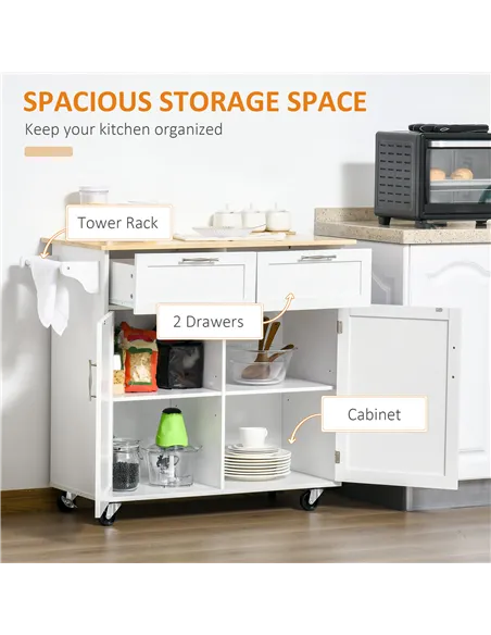 HOMCOM Kitchen Island Utility Cart, with 2 Storage Drawers & Cabinets for Dining Room, White