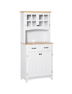HOMCOM Freestanding Kitchen Cupboard, Kitchen Storage Cabinet with Framed Glass Doors, 2 Drawers, Microwave Counter, White