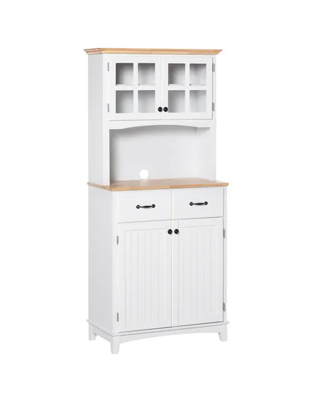 HOMCOM Freestanding Kitchen Cupboard, Kitchen Storage Cabinet with Framed Glass Doors, 2 Drawers, Microwave Counter, White