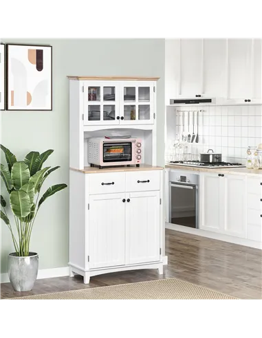 HOMCOM Freestanding Kitchen Cupboard, Kitchen Storage Cabinet with Framed Glass Doors, 2 Drawers, Microwave Counter, White