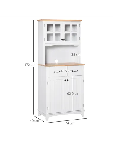 HOMCOM Freestanding Kitchen Cupboard, Kitchen Storage Cabinet with Framed Glass Doors, 2 Drawers, Microwave Counter, White