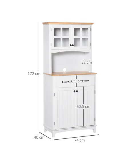 HOMCOM Freestanding Kitchen Cupboard, Kitchen Storage Cabinet with Framed Glass Doors, 2 Drawers, Microwave Counter, White