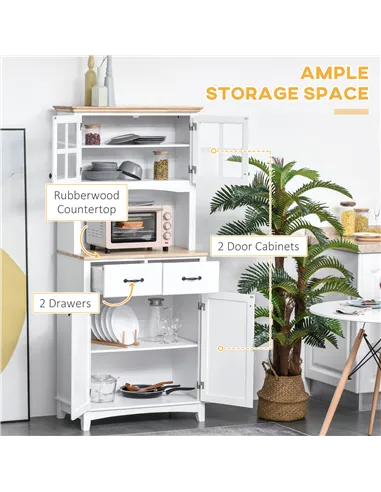 HOMCOM Freestanding Kitchen Cupboard, Kitchen Storage Cabinet with Framed Glass Doors, 2 Drawers, Microwave Counter, White