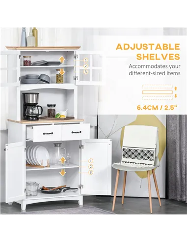 HOMCOM Freestanding Kitchen Cupboard, Kitchen Storage Cabinet with Framed Glass Doors, 2 Drawers, Microwave Counter, White