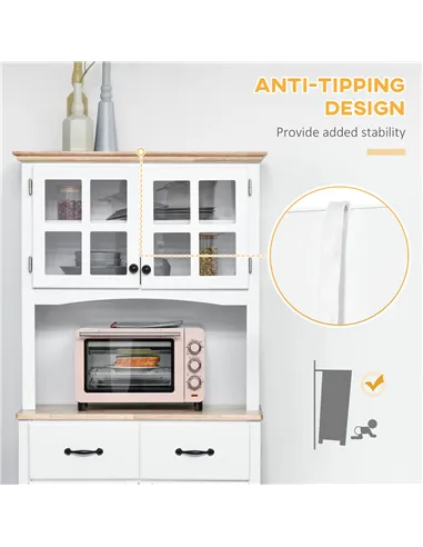 HOMCOM Freestanding Kitchen Cupboard, Kitchen Storage Cabinet with Framed Glass Doors, 2 Drawers, Microwave Counter, White