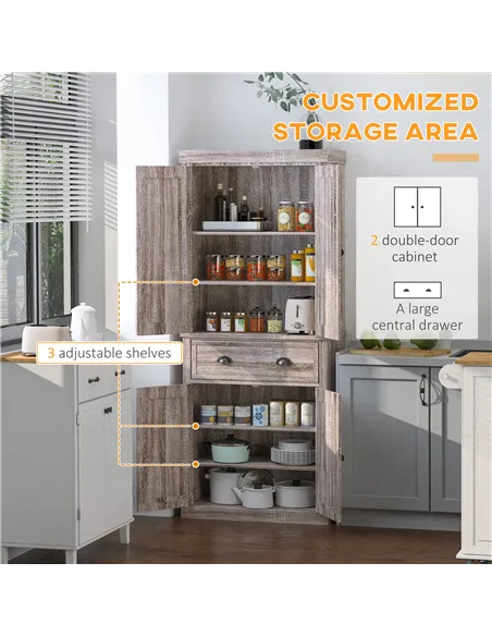 HOMCOM Freestanding Kitchen Cupboard, 184cm Tall Storage Cabinet with Doors and Shelves, Traditional Colonial 4-Door Kitchen Pan