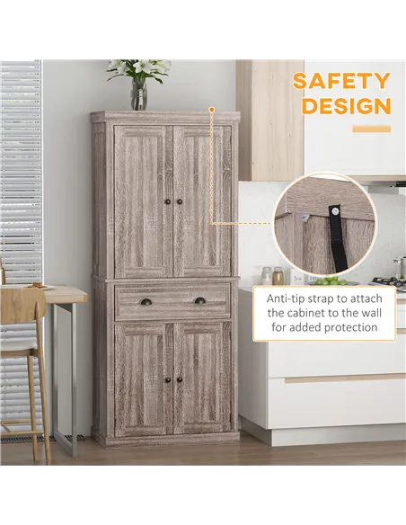 HOMCOM Freestanding Kitchen Cupboard, 184cm Tall Storage Cabinet with Doors and Shelves, Traditional Colonial 4-Door Kitchen Pan
