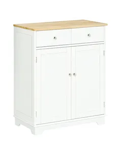 HOMCOM Kitchen Floor Cabinet Side Storage Cupboard Multi-use Sideboard Table with Solid Wood Top, Adjustable Shelf,Drawer for Di