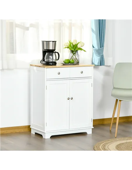 HOMCOM Kitchen Floor Cabinet Side Storage Cupboard Multi-use Sideboard Table with Solid Wood Top, Adjustable Shelf,Drawer for Di