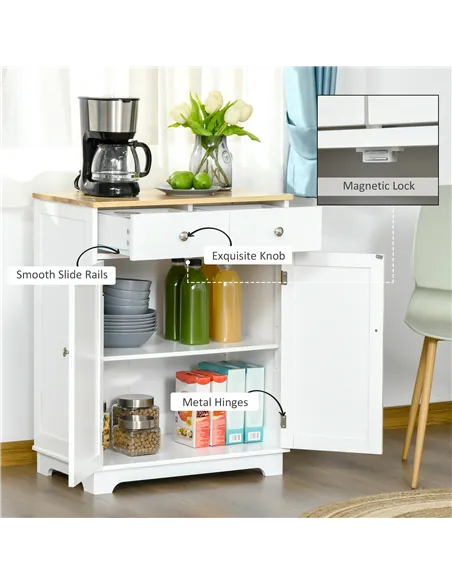 HOMCOM Kitchen Floor Cabinet Side Storage Cupboard Multi-use Sideboard Table with Solid Wood Top, Adjustable Shelf,Drawer for Di