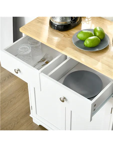 HOMCOM Kitchen Floor Cabinet Side Storage Cupboard Multi-use Sideboard Table with Solid Wood Top, Adjustable Shelf,Drawer for Di