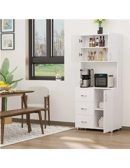 HOMCOM Free standing Kitchen Cupboard, Storage Cabinet with Doors and Sheleves, 3 drawers and Open Space, Adjustable Height Stor