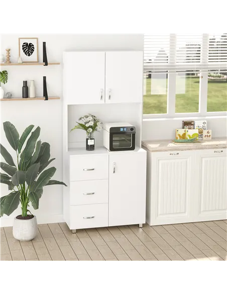 HOMCOM Free standing Kitchen Cupboard, Storage Cabinet with Doors and Sheleves, 3 drawers and Open Space, Adjustable Height Stor