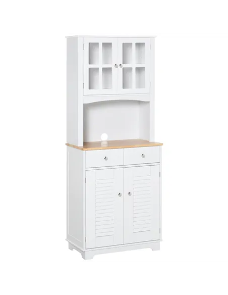 HOMCOM Modern Kitchen Cupboard, Louvered Kitchen Storage Cabinet with Framed Glass Doors and 2 Drawers, White