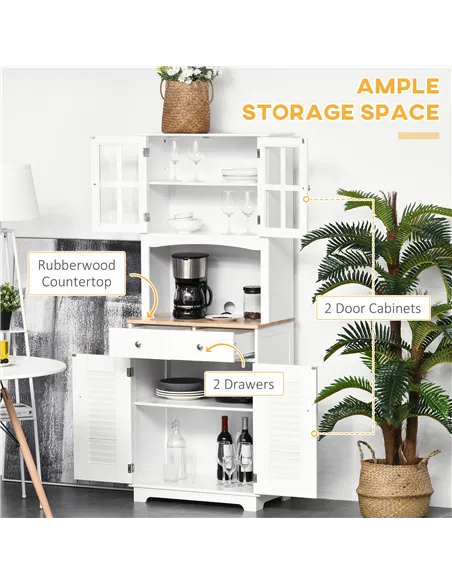 HOMCOM Modern Kitchen Cupboard, Louvered Kitchen Storage Cabinet with Framed Glass Doors and 2 Drawers, White