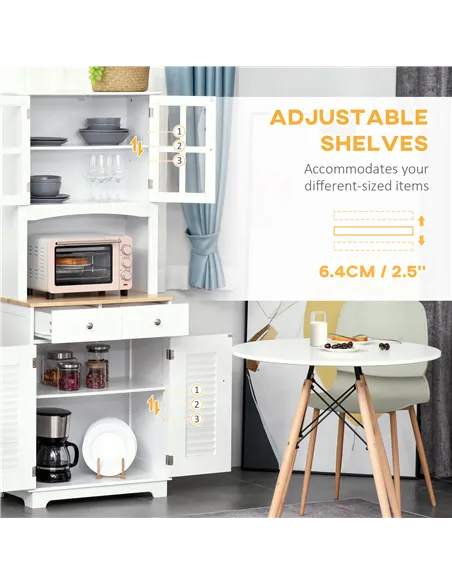HOMCOM Modern Kitchen Cupboard, Louvered Kitchen Storage Cabinet with Framed Glass Doors and 2 Drawers, White
