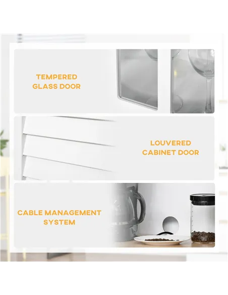 HOMCOM Modern Kitchen Cupboard, Louvered Kitchen Storage Cabinet with Framed Glass Doors and 2 Drawers, White